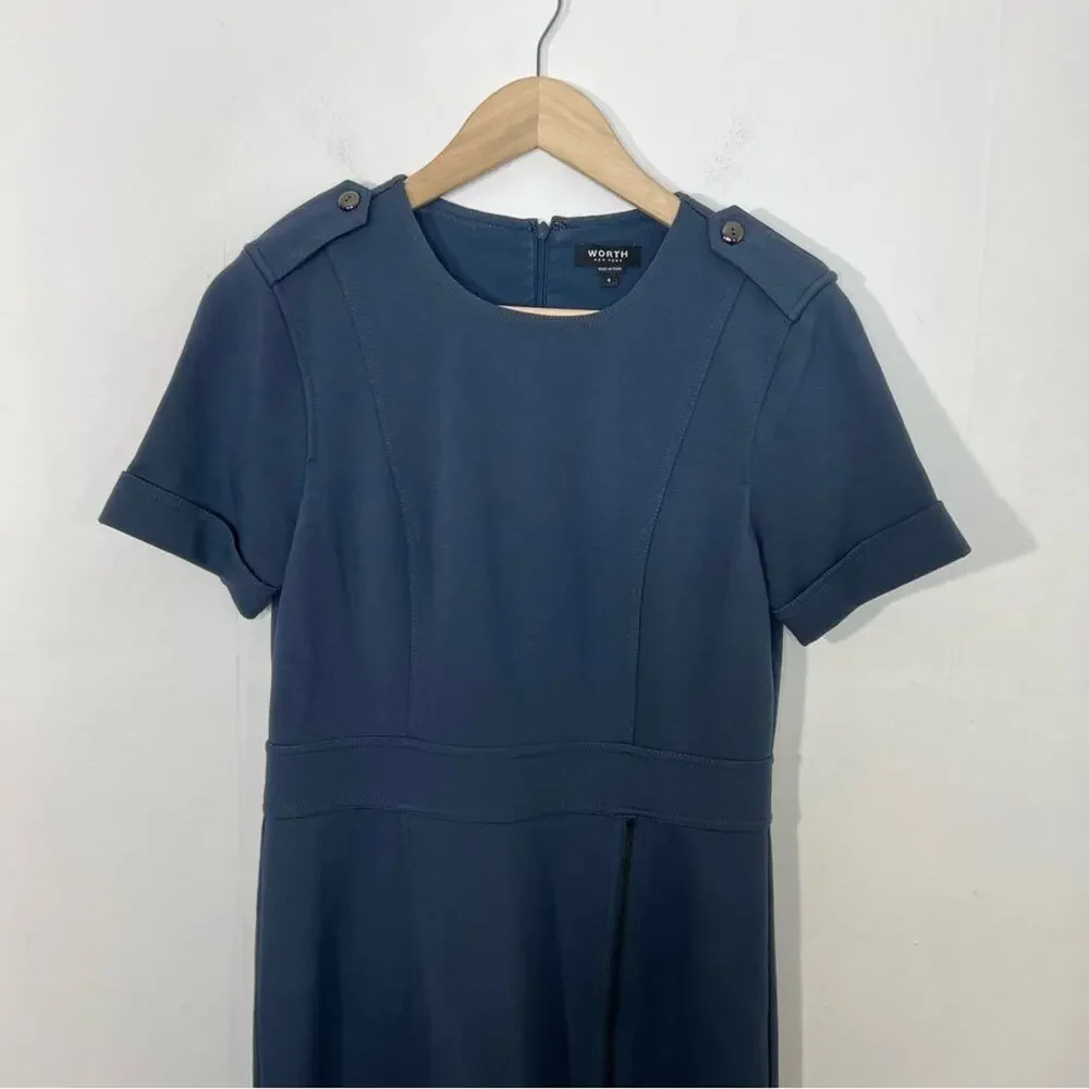 Worth New York Blue Zipper Front Ponte Knit Cuffed Short Sleeve Dress Size 6